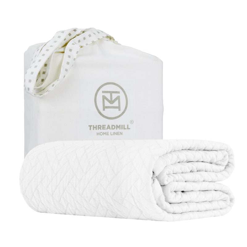 Threadmill Luxury Cotton Blankets for Queen Size Bed | All-Season 100% Cotton Queen Size Blanket | Criss Cross Jacquard Cozy Lightweight, Soft Breathable Coverlet fits Full Size Bed, 90x92 | White - Image 1